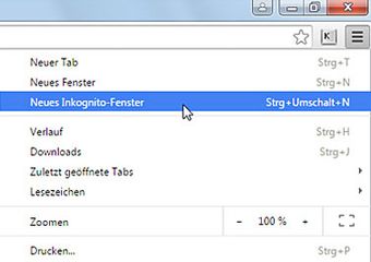 Chrome privater Modus über Menü
