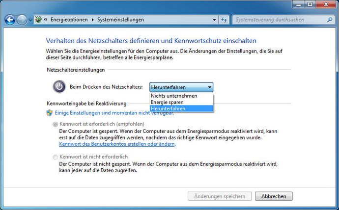 Energieeinstellungen für Kennwort und Netzschalter