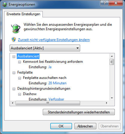 Erweiterte Energieeinstellungen
