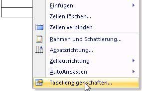 Kontextmenü Tabelleneigenschaften