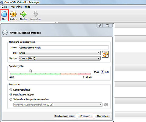 Neue virtuelle Maschine erzeugen