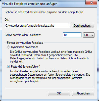 Angaben zur virtuellen Festplatte