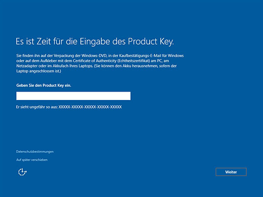Eingabe des Produktschlüssels von Win 10