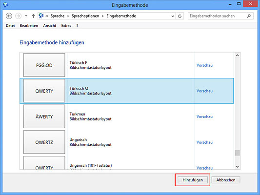 Tastaturlayout auswählen und hinzufügen