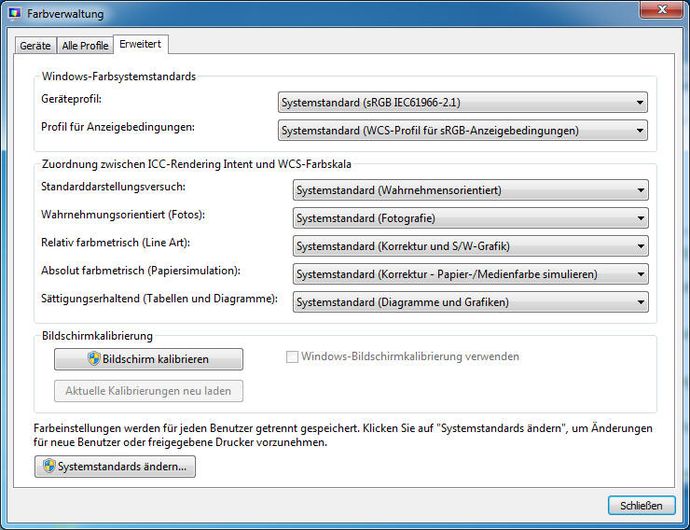Farbverwaltung erweiterte Einstellungen