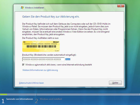 Lizenzschlüssel für Windows Vista eingeben