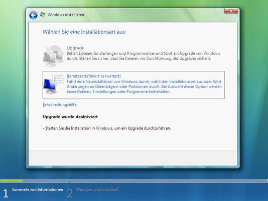 Update oder Neuinstallation von Windows Vista