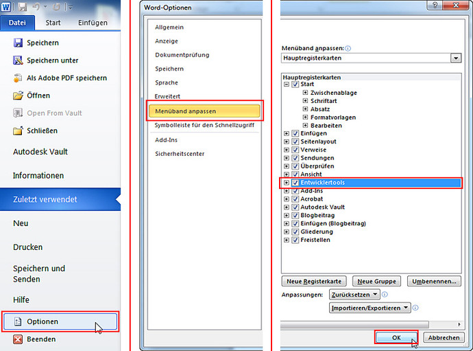 Entwicklertools in Word 2010 aktivieren