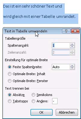 Text in Tabelle umwandeln