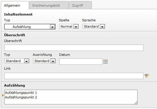 Aufzählung in Typo3