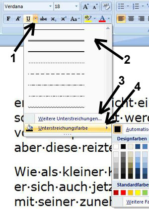 Auswahlmenü für Zeichenformatierung