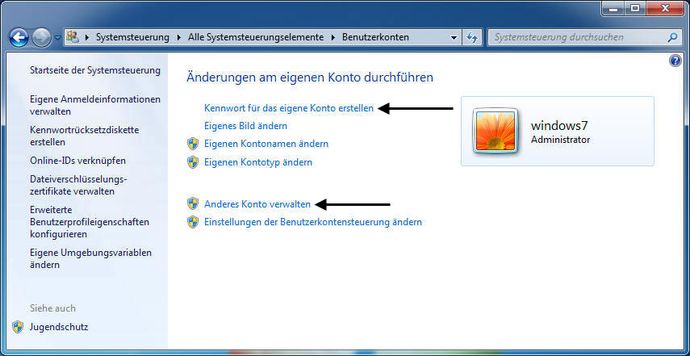 Anderes Benutzerkonto verwalten auswählen