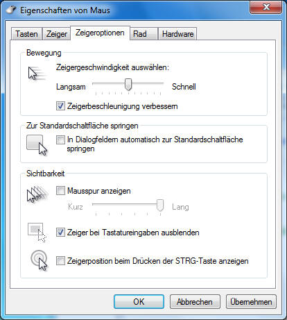 Weitere Optionen für Mauszeiger