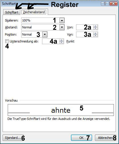 Dialogfenster Zeichenabstand