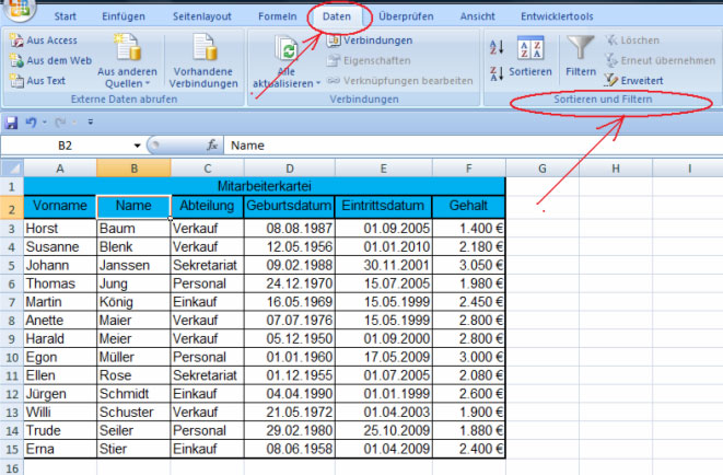 Excel Daten filtern