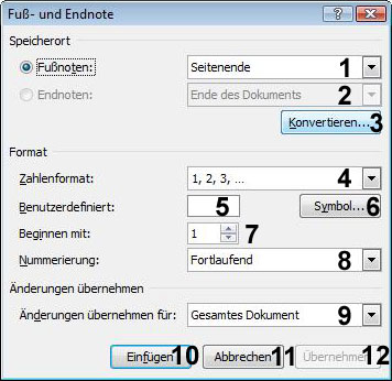 Dialogfenster Fussnote und Endnote