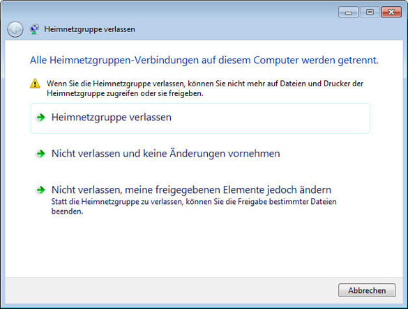 Heimnetzgruppe verlassen