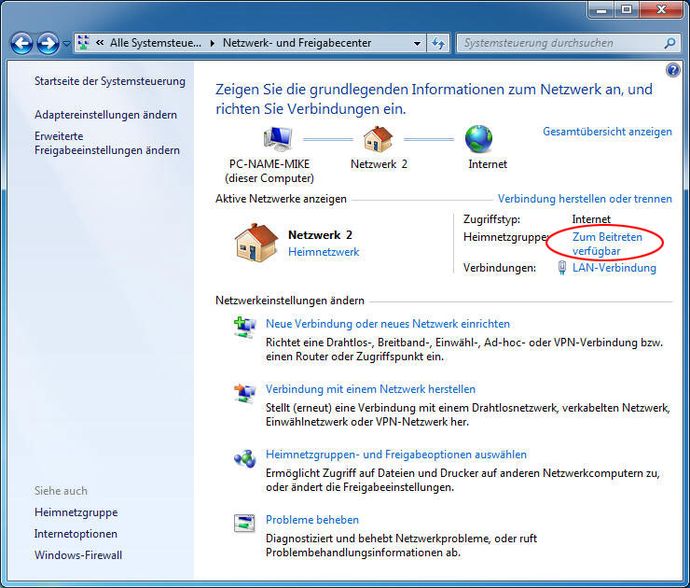 Heimnetzwerk Beitritt über Netzwerk- und Freigabecenter