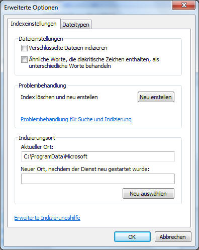 Weitere Optionen zur Indizierung