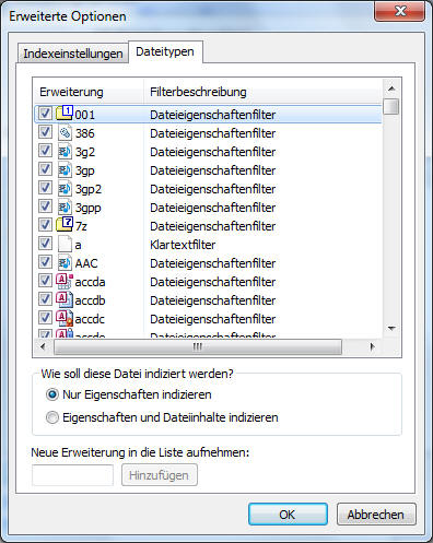 Dateiendungen für die Indizierung