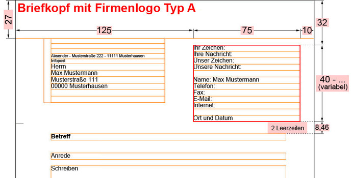 Informationsblock im Geschäftsbrief Typ A