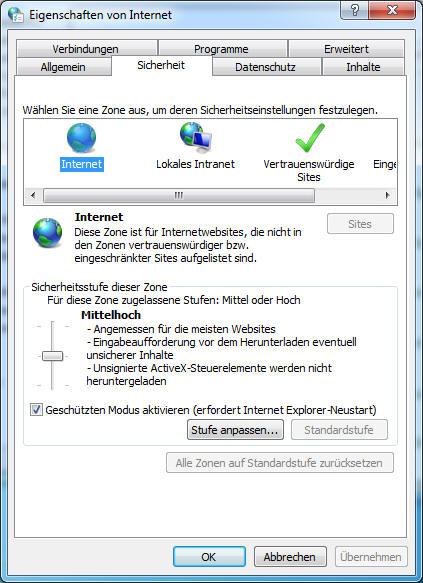 Internet Sicherheitseinstellungen