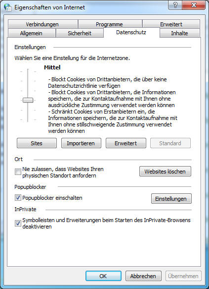 Internet Datenschutzeinstellungen