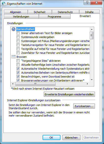 Erweiterte Interneteinstellungen