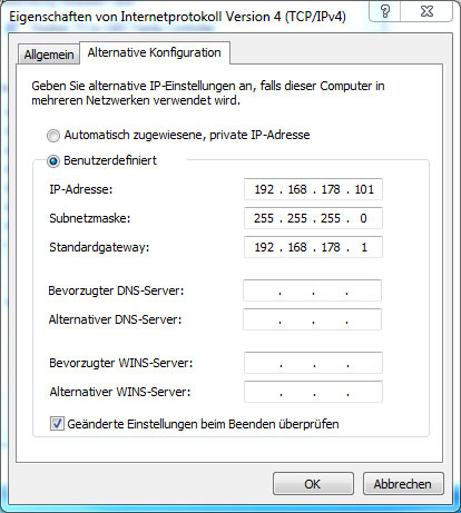 IP-Adresse für alternative Konfiguration