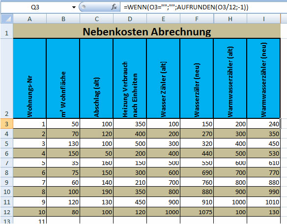 Nebenkostenabrechnung Daten