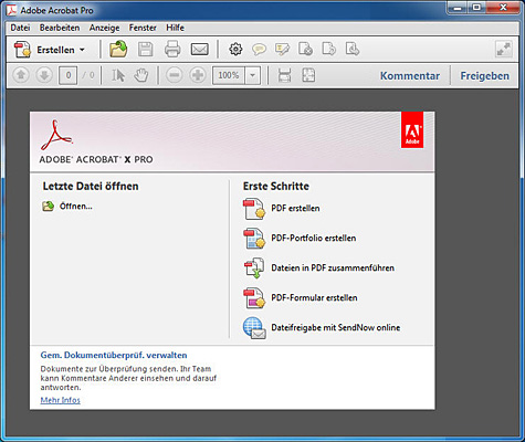 Startbildschirm von Adobe Acrobat