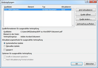 Einstellungen zur Aktualisierung des PDF