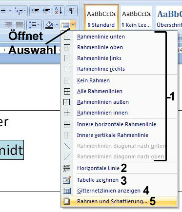 Schaltfläche für Rahmen und Schattierung