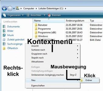 Rechtsklick für neuen Ordner