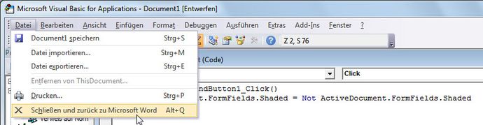 VBA-Editor beenden und zu Word wechseln