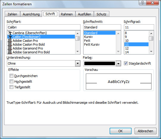 Schriftformatierung für die Excel-Zellen