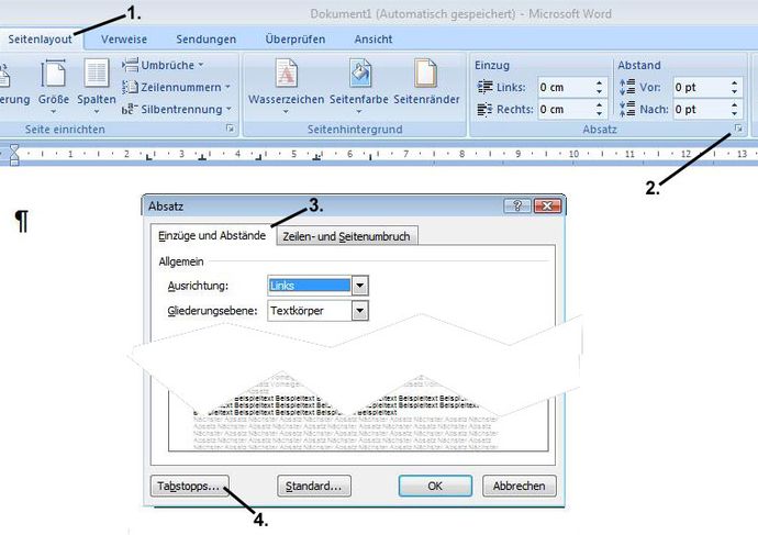 Dialogfenster Tabstopp aufrufen