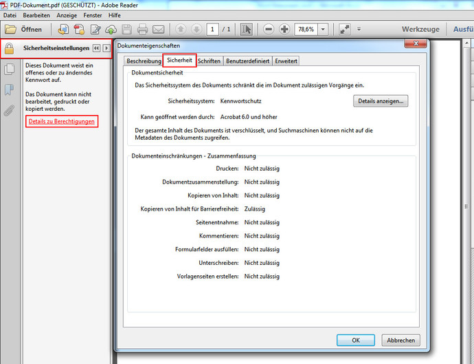 Sicherheitseinstellungen des PDF-Dokuments