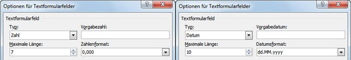 Textfeld-Einstellungen bei Zahl und Datum