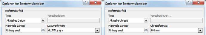 Textfeld-Einstellungen für aktuelles Datum und Uhrzeit