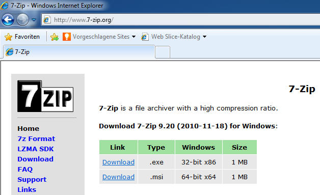 7-ZIP von Webseite runterladen