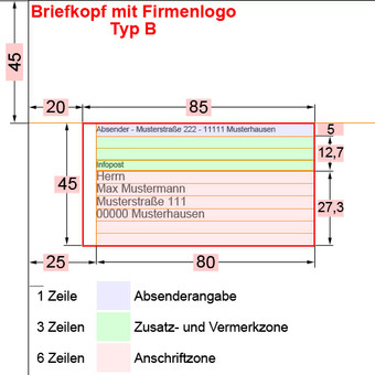 Anschriftfeld Typ B mit Absenderangabe