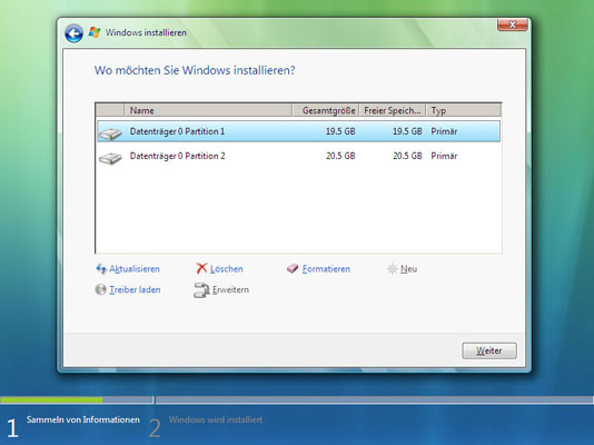Auswahl der Partition für Windows Vista