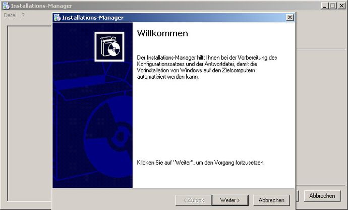 Begrüßungsfenster von setupmgr.exe