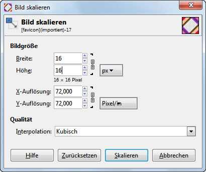 Bildgröße auf 16x16 Pixel einstellen