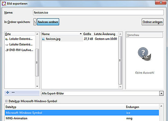 Dateiendung ico auswählen