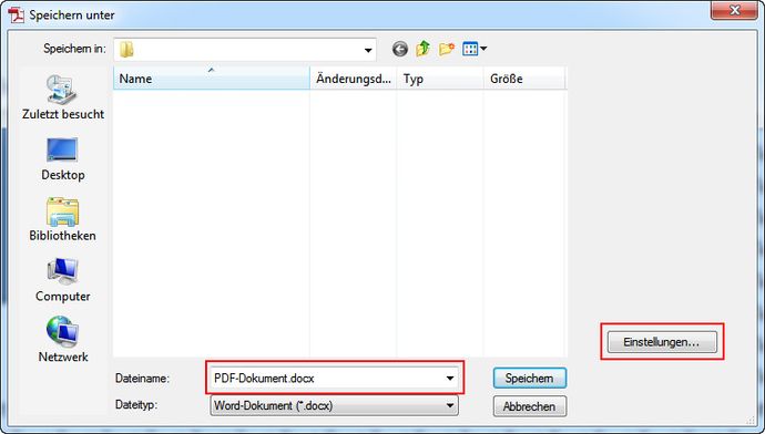 Dateiname und Speicherort für Word-Dokument