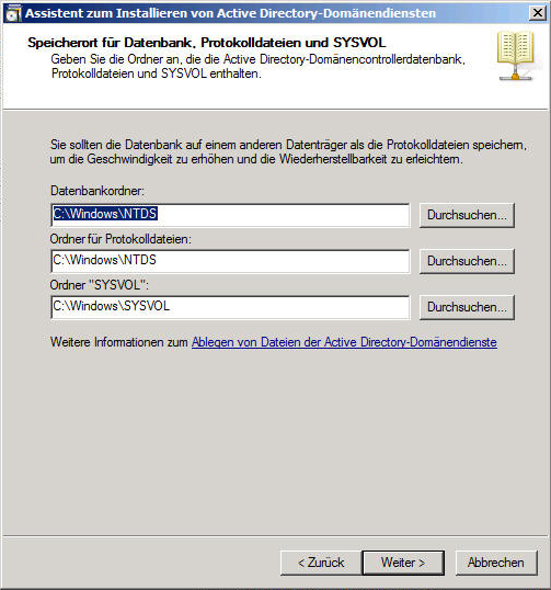 Datenbankordner, Protokollordner und Pfad auf SYSVOL