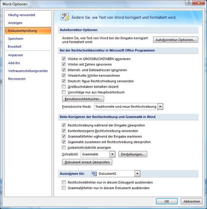 Dokumentprüfung Optionen