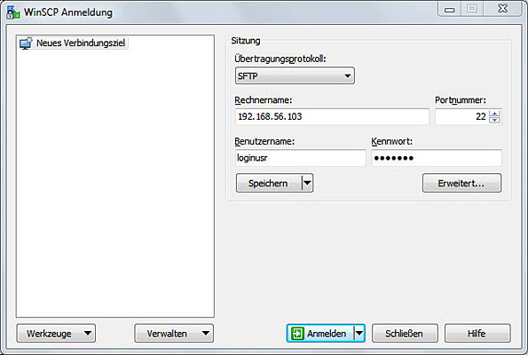 Einloggen mit WinSCP